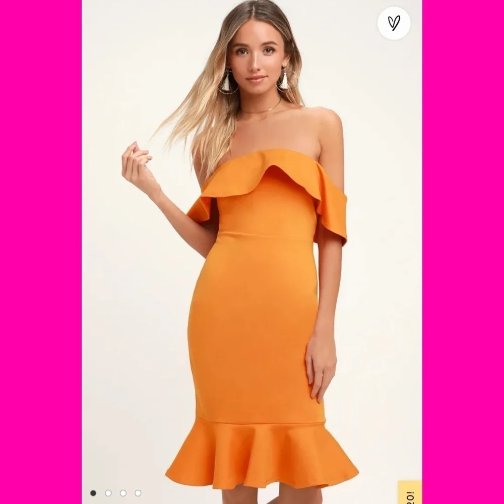 Lulu's Confidence Boost Orange Off-the-Shoulder Bodycon Midi Dress NWT